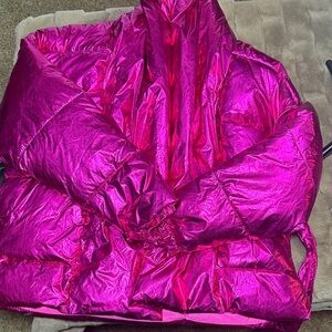 Metallic pink Akira puffer jacket with belt tie
